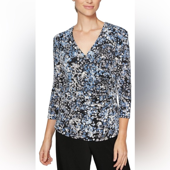 NEW ALEX EVENINGS BLUE EMBELLISHED Surplice BLOUSE Faux Wrap Glitter ruched - Picture 1 of 13